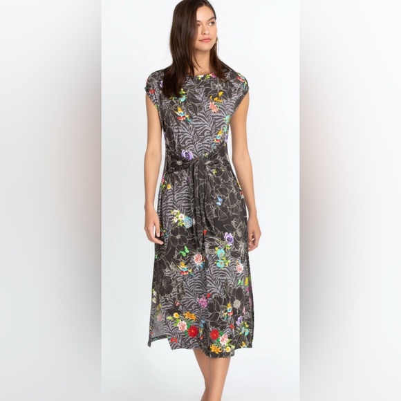 JOHNNY WAS ZIPPY TIE FRONT KNIT DRESS Women’s Large Grey/Floral Pattern - Picture 1 of 12